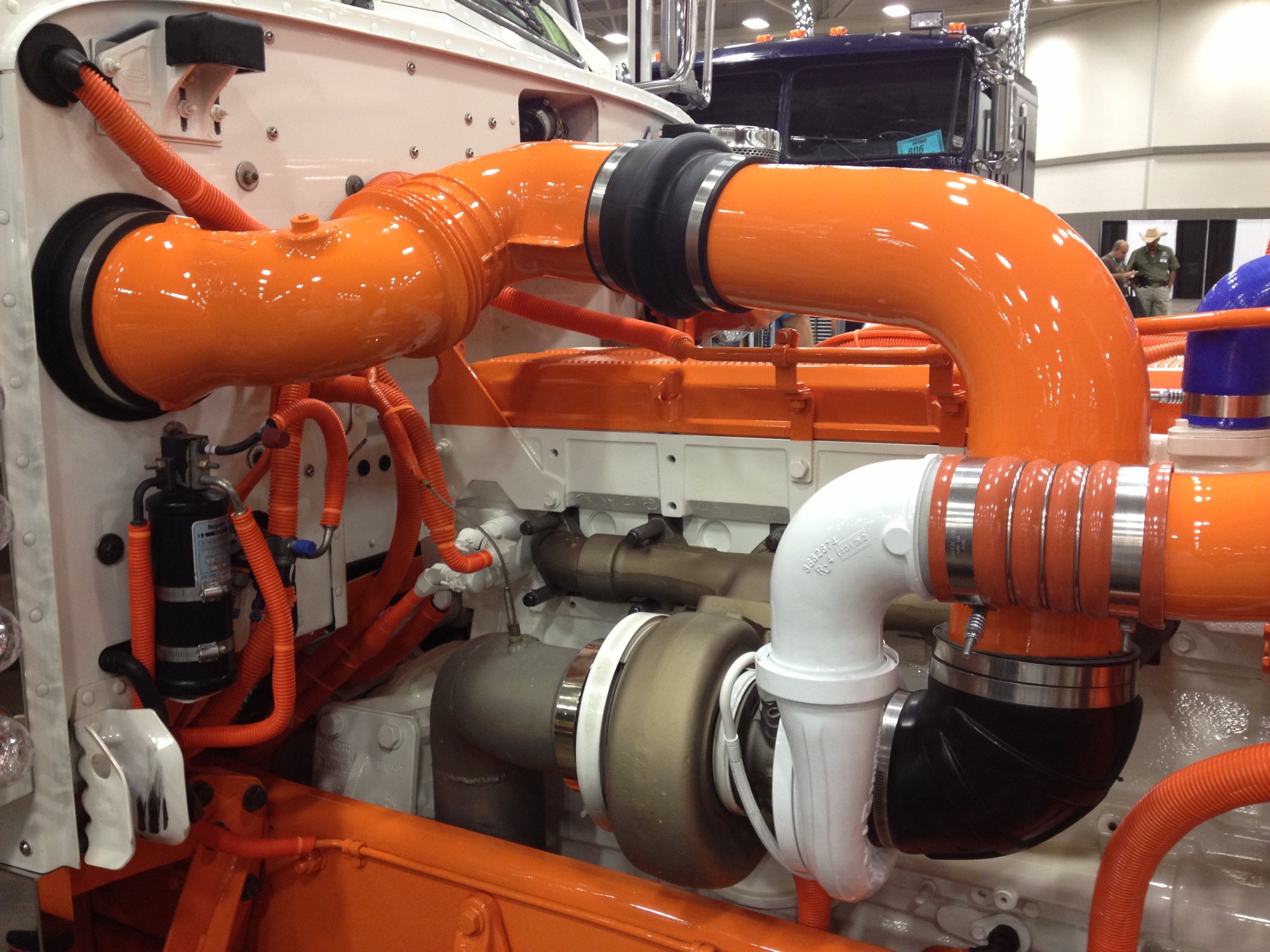 Orange pipes in a diesel engine
