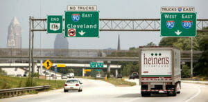 Cleveland road signs, including a "No Trucks" sign