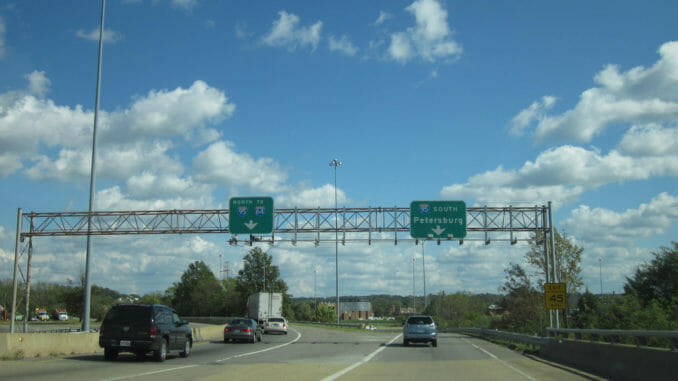 Highway in Virginia below a blue sky